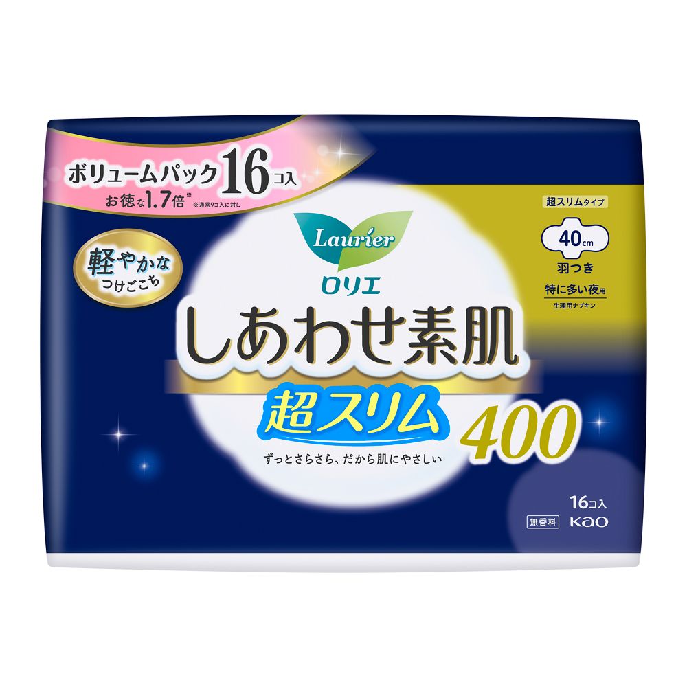 Kao Laurier Shiawase S肌 Volume Pack Ultra Slim Extra Heavy Night Pads 40cm with Wings, 16 Pieces
