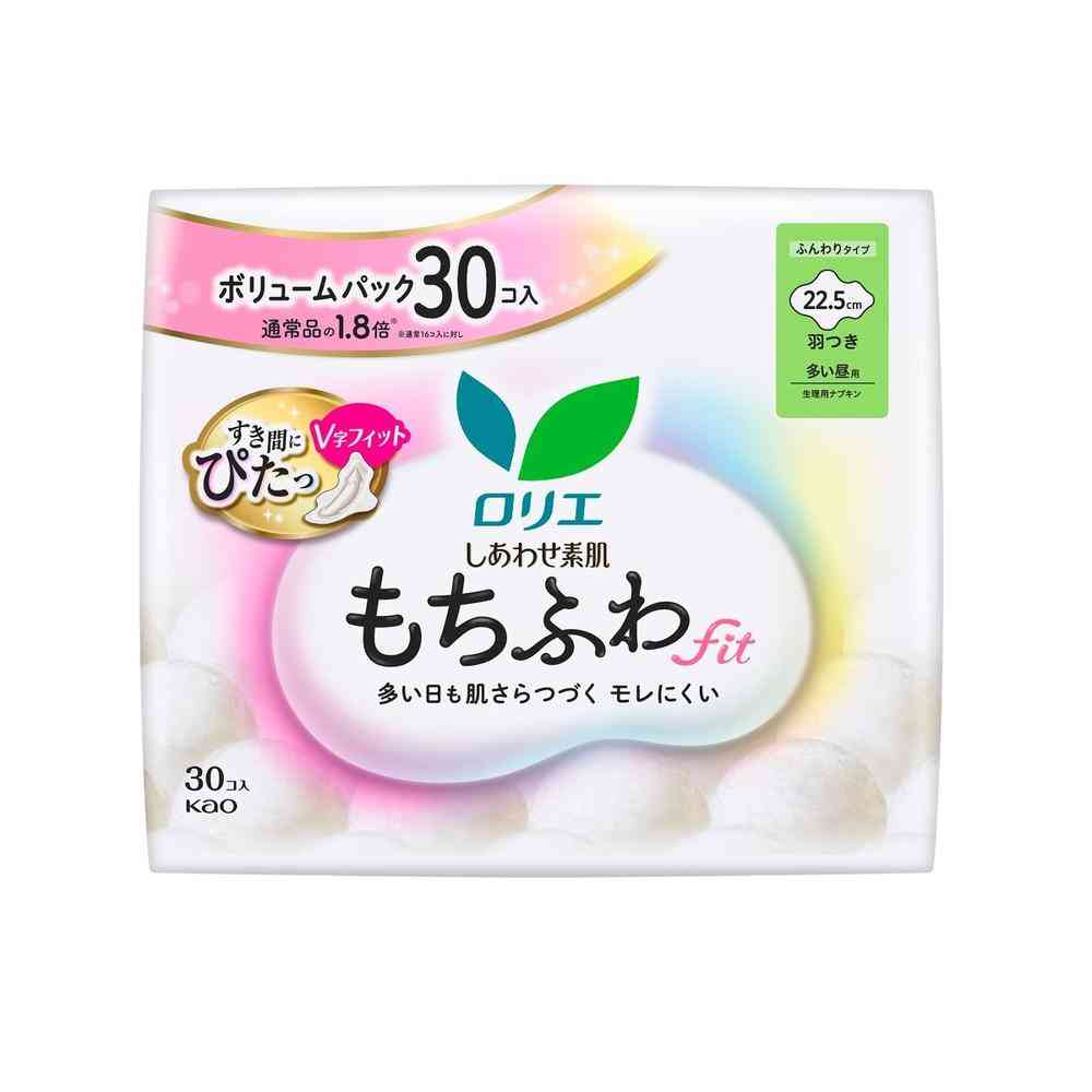 Kao Laurier Shiawase Suhada Mochi Fuwafit Volume Pack Day Use (22.5cm, Wings) (30 Pieces)
