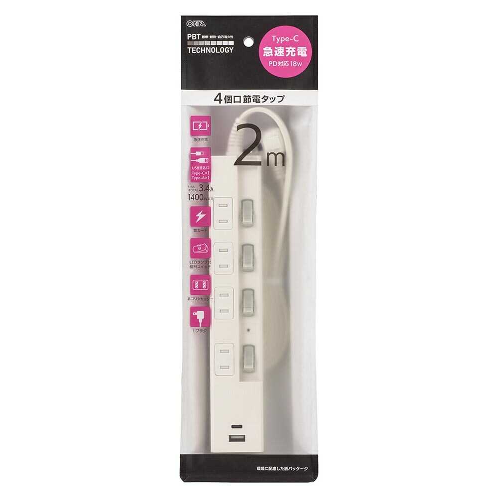 Ohm Electric 4 Outlets Power Saving Tap with Lightning Guard and PD-Compatible C/A Ports HS-TPKU42PD23-W