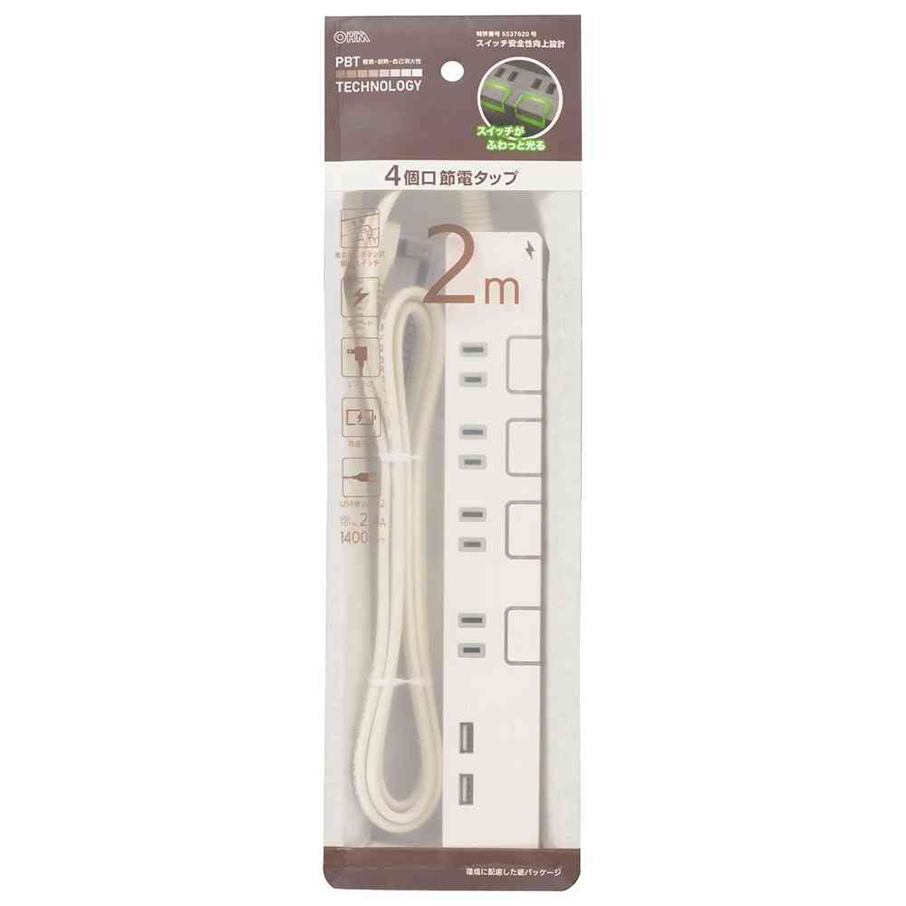 Ohm Electric Energy-Saving Tap with Illuminated Push Button Switch and Lightning Guard 4-Outlet USB Port 2m HS-TPKU42W-22