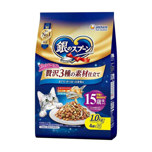 UniCharm Silver Spoon Luxury 3-Ingredient Blend for Cats 15 Years and Older Tuna, Bonito, White Fish Flavor 1.0kg