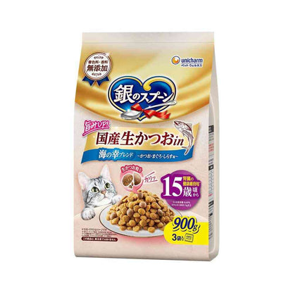 UniCharm Silver Spoon Domestic Fresh Bonito in Seafood Blend for Cats 15 Years and Older Bonito, Tuna, Shirasu Flavor 900g