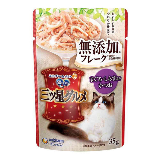 Unicharm Three-Star Gourmet Pouch Additive-Free Flakes with Tuna and Shirasu 35g