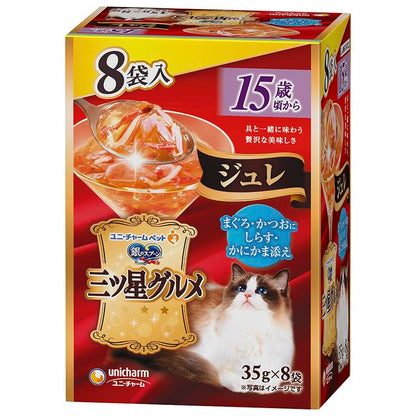 Unicharm Three-Star Gourmet Jelly for Cats 15 Years and Older Tuna, Bonito with Shirasu & Crab Stick 35g x 8 Packs