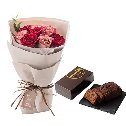 Frill Bouquet Nuance Red 8 Stems & Ginza Senbikiya Chocolate Pound Cake