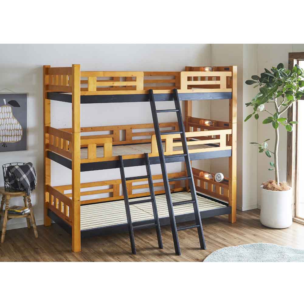 BB-07-3-LBR Triple Bunk Bed with Vertical Columns