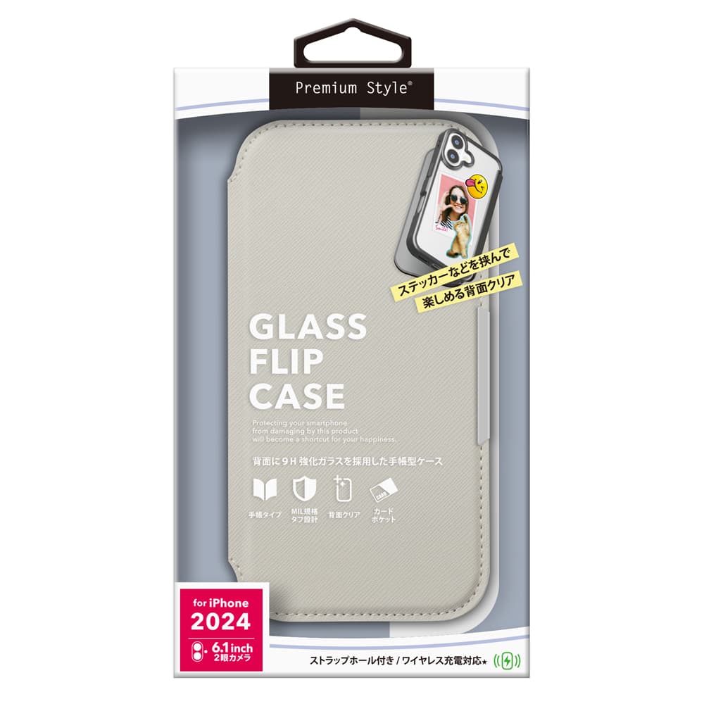PGA Glass Flip Case for iPhone 16 Saffiano Gray PG-24AGF05GY 70g