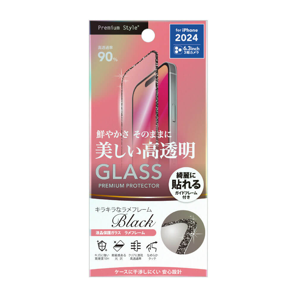 PGA iPhone 16 Pro Full Liquid Crystal Protection Glass Glitter Frame Black/High Transparency PG-24BGLL01BK 13g