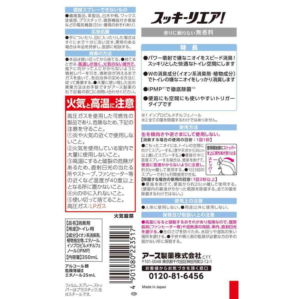 Earth Chemical Sukkiri Air! Toilet Spray Unscented 350ml