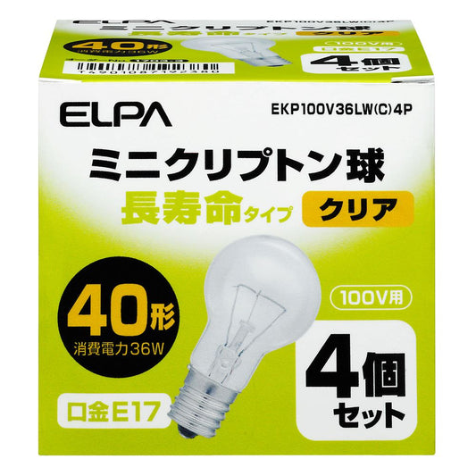 ELPA Long-Life Mini Clear Bulb Incandescent E17 40W Type EKP100V36LW(C) 4-Pack