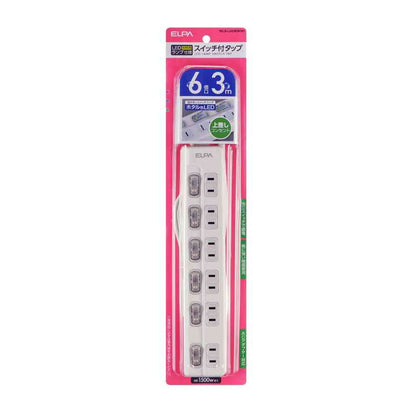 ELPA LED Lamp Power Strip with Switch 6 Outlets 3m WLS-LU63EB White