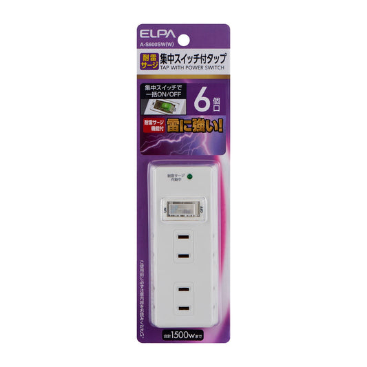 Asahi Denki ELPA Surge Protector with Central Switch 6 Outlet Tap A-S600SW(W)