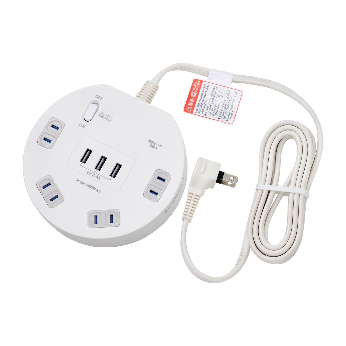 Asahi Electric Elpa Lightning-Proof Round 4P 2m USB Tap with Built-in Breaker - WLS-LS402RUSB(W)