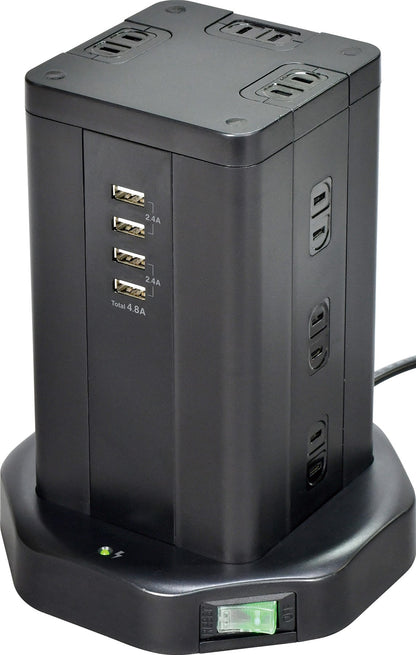 ELPA Tower Type Tap 12P 4USB 2m 12 Ports WBS-TW1204USB(BK)