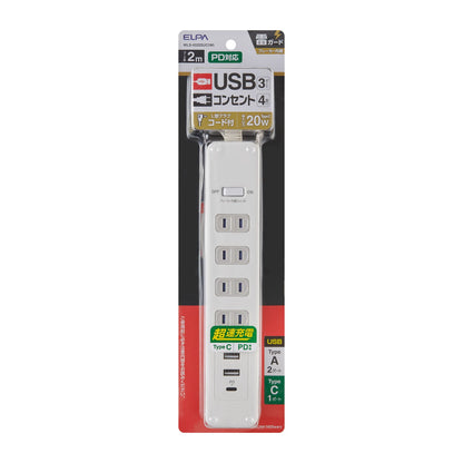 Asahi Electric ELPA Corded USB Tap PD20W 2m 4 Ports