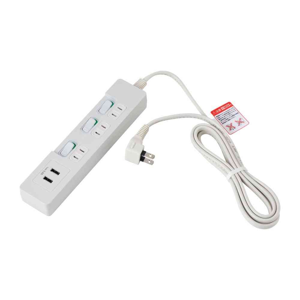 ELPA Lamp-Free Switch Power Strip 3 Outlets USB-A×2 2m White WLS-E3232UA