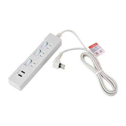 ELPA Lamp-Free Switch Power Strip 3 Outlets USB-A×2 2m White WLS-E3232UA