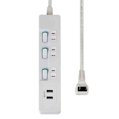 ELPA Lamp-Free Switch Power Strip 3 Outlets USB-A×2 2m White WLS-E3232UA