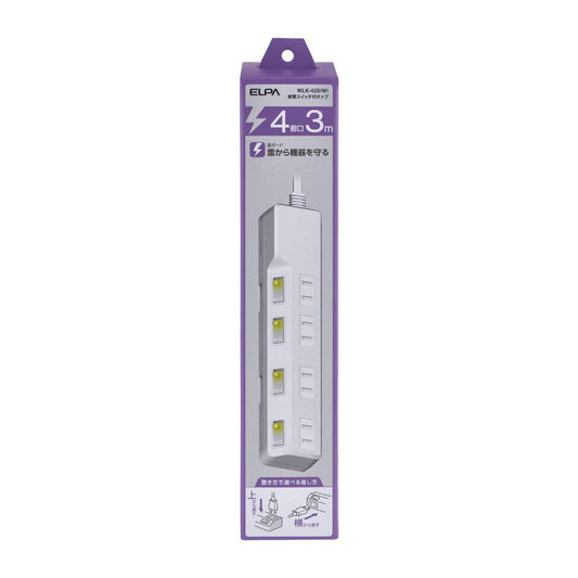 ELPA Lightning-Proof Power Strip with Switch 4 Outlets 3M WLK-43S (W)