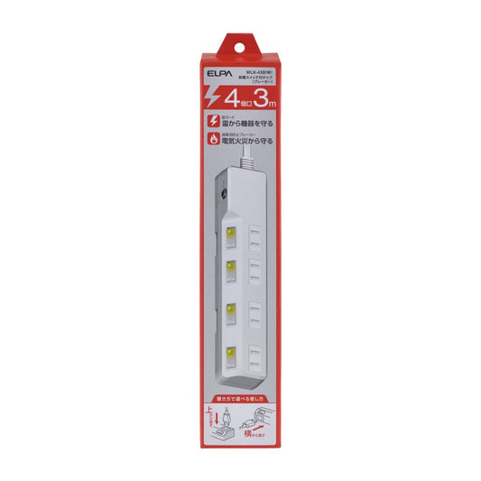 ELPA Circuit Breaker Lightning-Proof Power Strip with Switch 4 Outlets 3M WLK-43B White