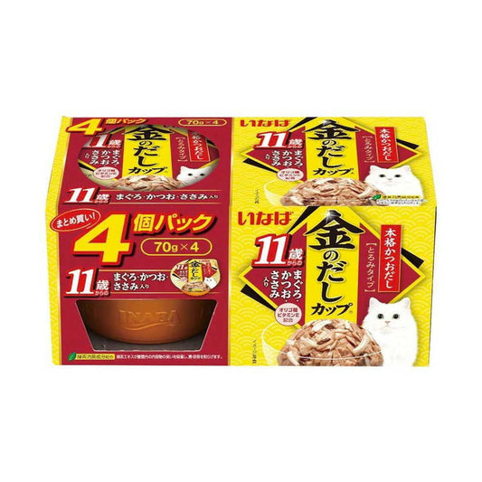 Inaba Golden Dashi Cup Pack for Cats 11 Years and Older, Tuna, Bonito & Chicken 70g x 4 Packs