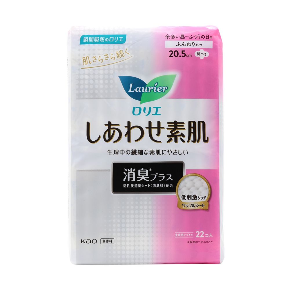 Kao Laurier Shiawase Skin Deodorizing Plus Regular Day Use with Wings, 22 Pieces