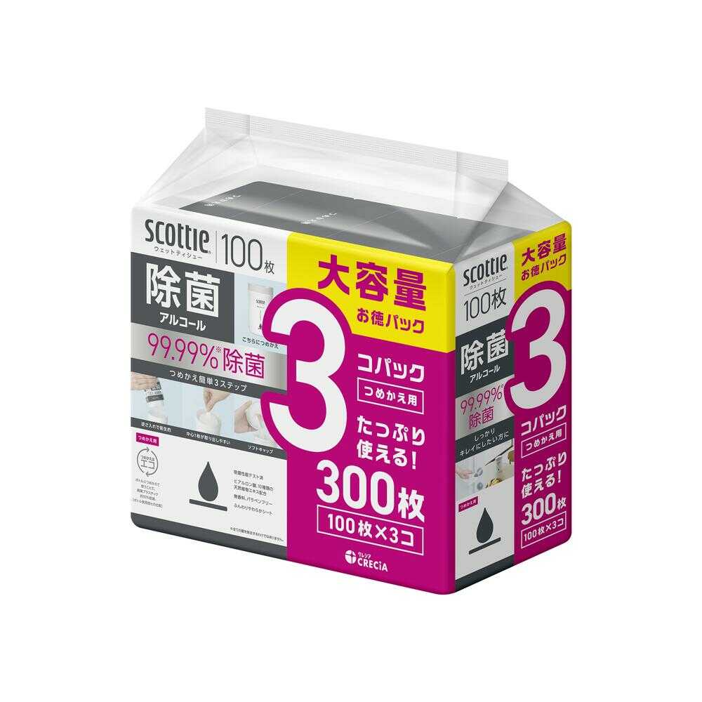 Kurecia Scottie Wet Tissue Disinfecting Alcohol Refill 100 Sheets x 3 Pack