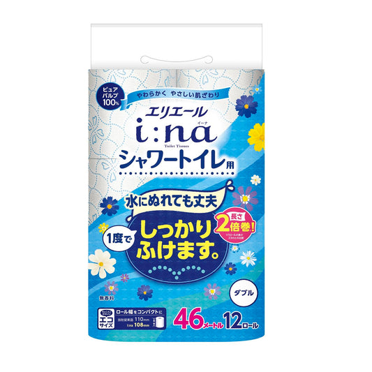 Elleair i:na Toilet Tissue Shower Use Double Roll (12 Rolls)