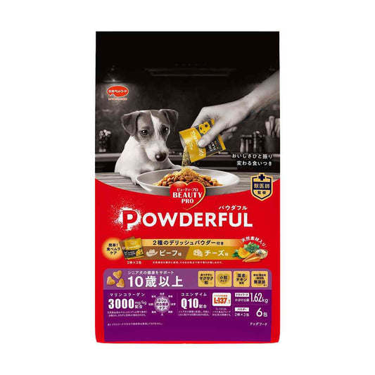 Nihon Pet Food Beauty Pro Dog Powderful for Seniors 10 Years and Older with Beef and Cheese Powder 270g x 6 Bags + 6g x 6 Packs