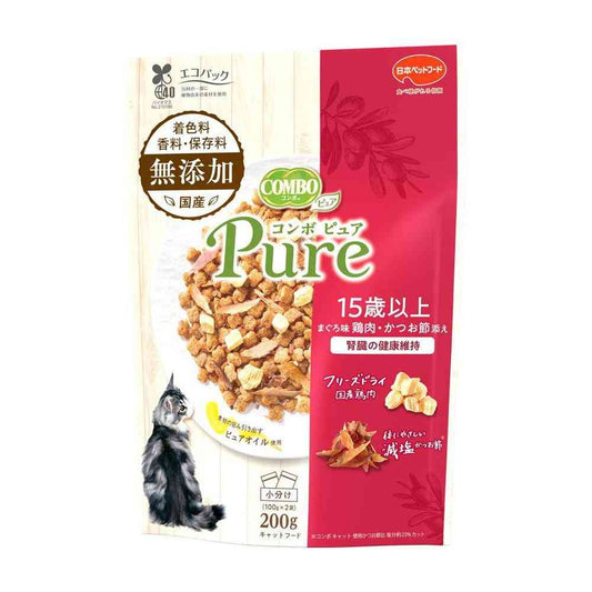 Nihon Pet Food Combo Pure Cat 15 Years and Older Tuna Flavor with Chicken and Bonito Flakes 200g (100g x 2 bags)