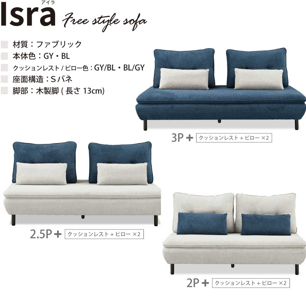 Isra Sofa 3P + Back x2 GY, BL/GY
