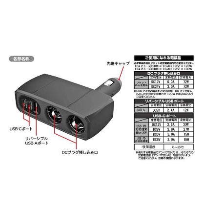 Kashimura 2-Outlet Direct Socket 2PD30W / Reversible USB Auto Detection KX239
