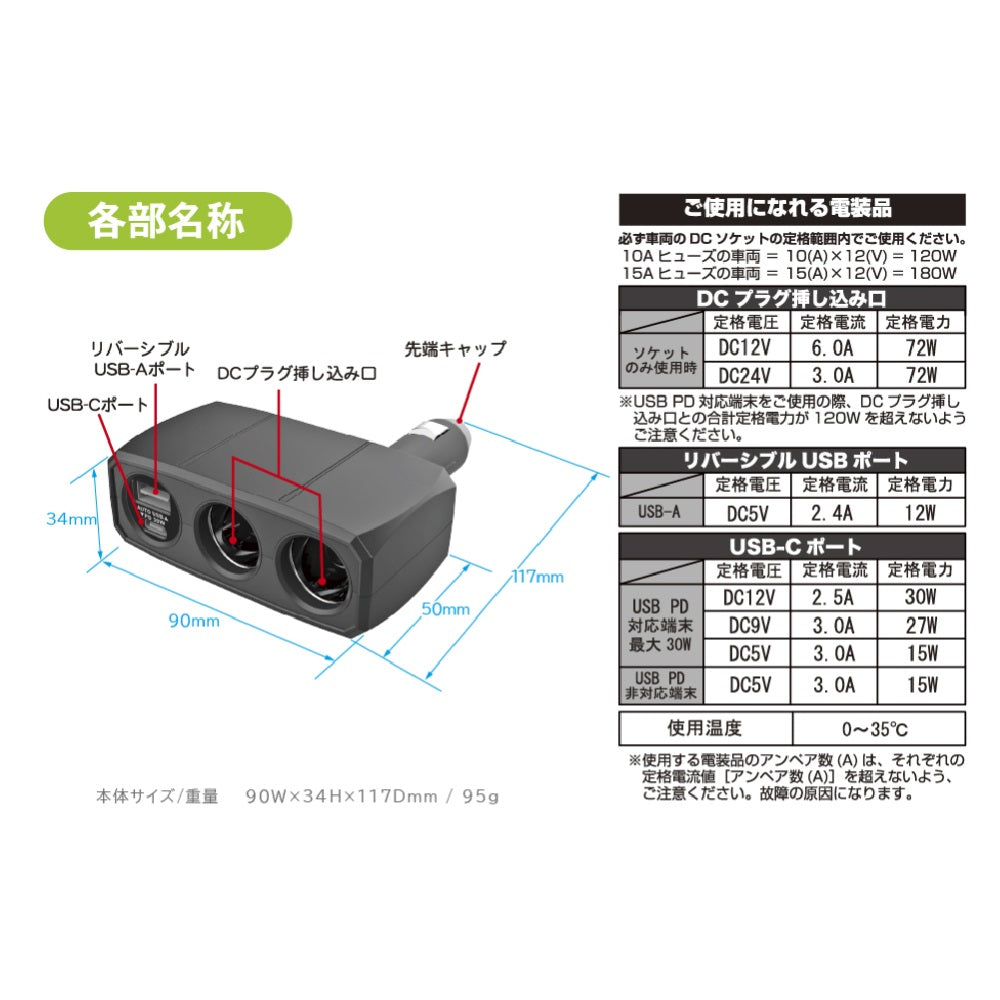 Kashimura 2-Outlet Direct Socket PD30W/Reversible USB Auto Detection KX246