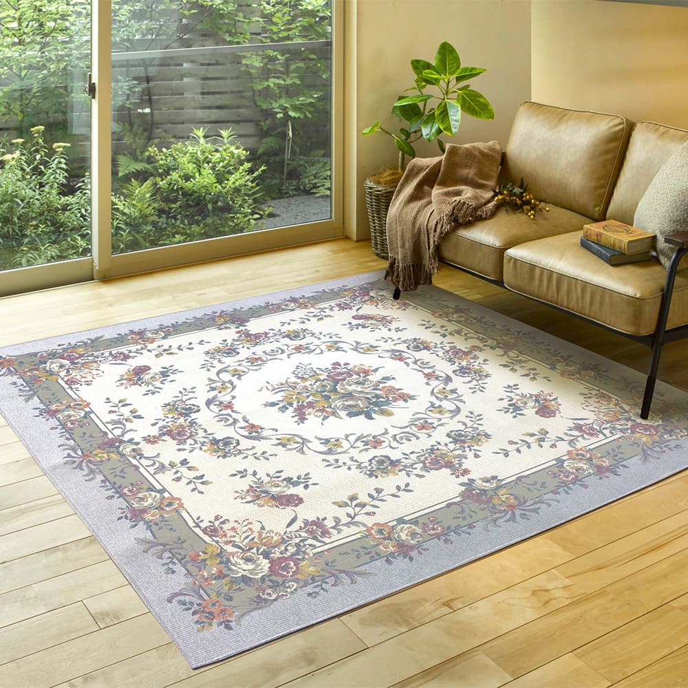 Water-Repellent Gobelin Chenille Rug, Bouquet, Gray