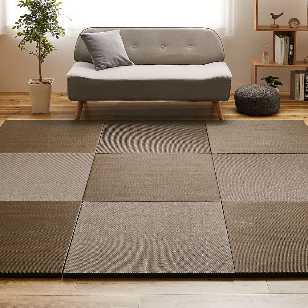 Water-Washable Tatami Mats in Brown, Herringbone Pattern, Set of 12