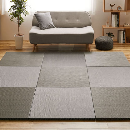Water-Washable Tatami Mats in Gray, Herringbone Pattern, Set of 9