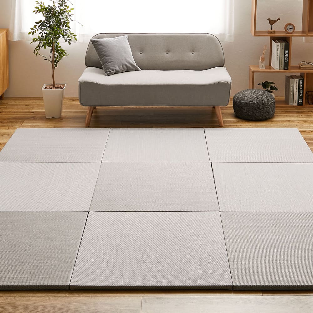 Water-Washable Tatami Mats in Light Gray, Herringbone Pattern, Set of 9