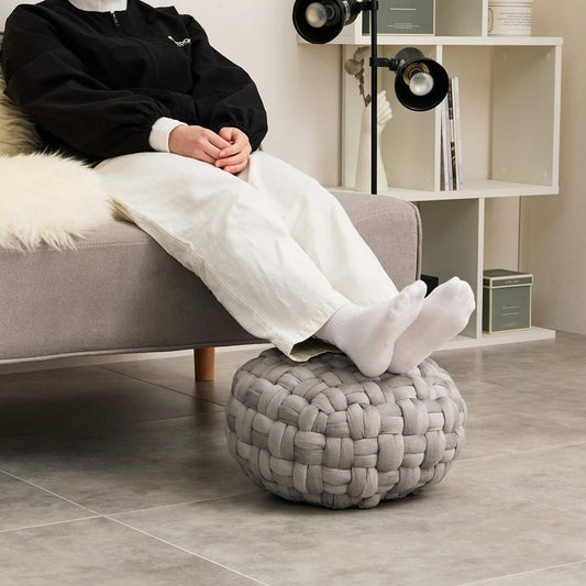 Velvet Fabric Stool Pouf L Size Beige 50×50×30