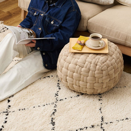 Velvet Fabric Stool Pouf M Size Beige 40×40×20