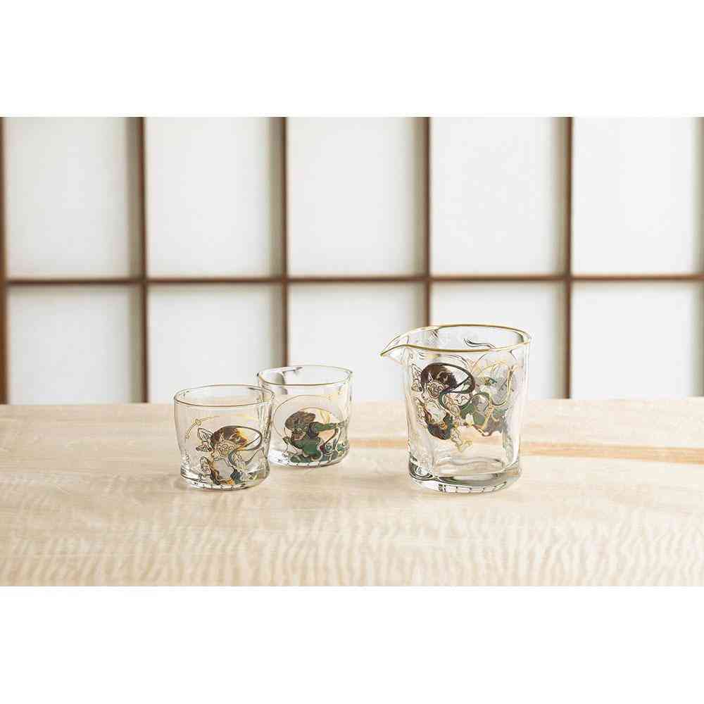 Adelia Premium Nippon Taste Fujin Raijin Sake Set - Pouring Jug 280ml×1, Sake Cups 90ml×2