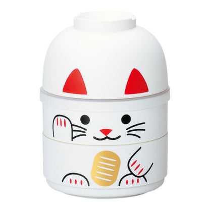 Tatsumiya Kokeshi Two-Tier Bento Maneki Neko White