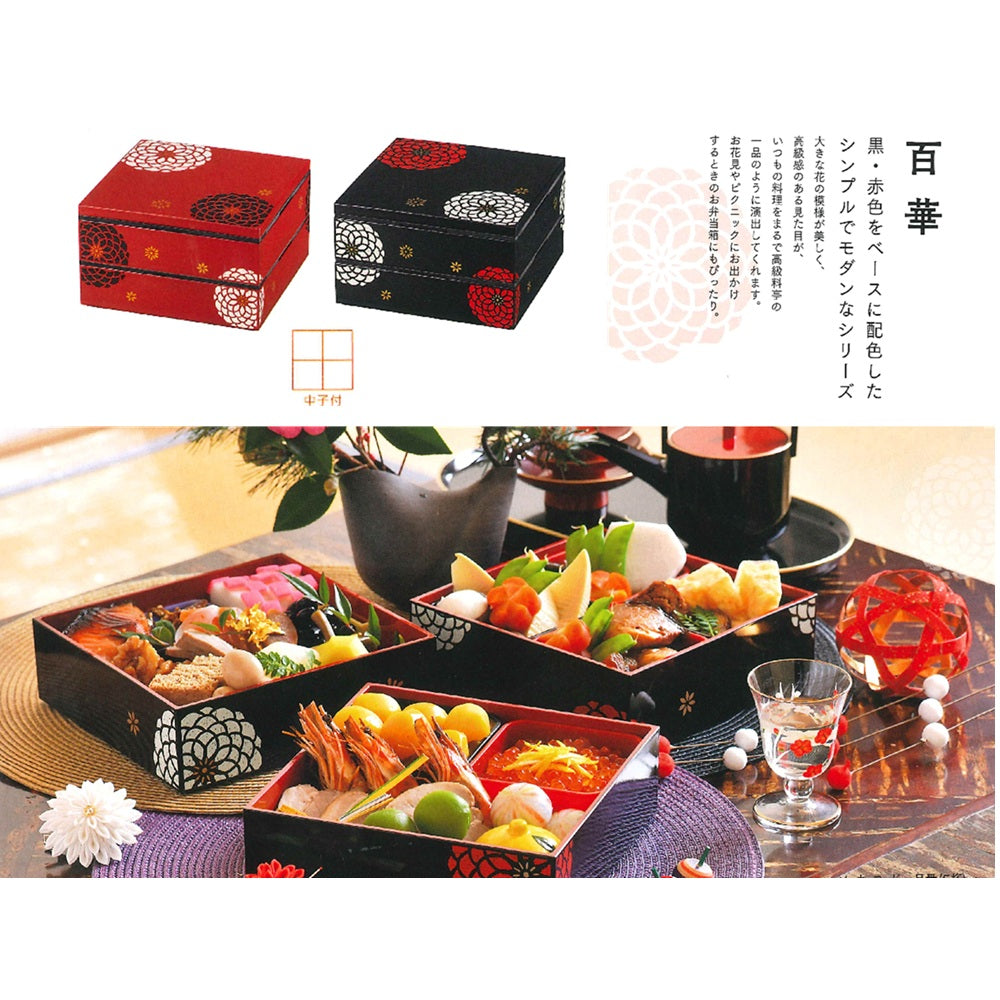 Tatsumiya Square Two-Tiered Appetizer Box Hyakka Red 19.5