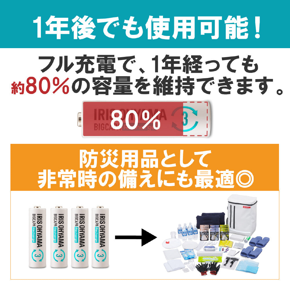 Iris Ohyama Big Capacity Rechargeable Fast Charger Set with 4 AA Batteries -BCR-SQC3MH/4S