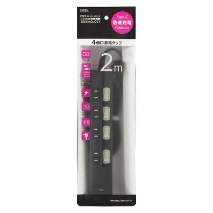 Ohm Electric 4 Outlets Power Saving Tap with Lightning Guard and PD-Compatible C/A Ports HS-TPKU42PD23-K
