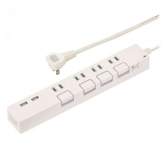 Ohm Electric Energy-Saving Tap with Illuminated Push Button Switch and Lightning Guard 4-Outlet USB Port 2m HS-TPKU42W-22
