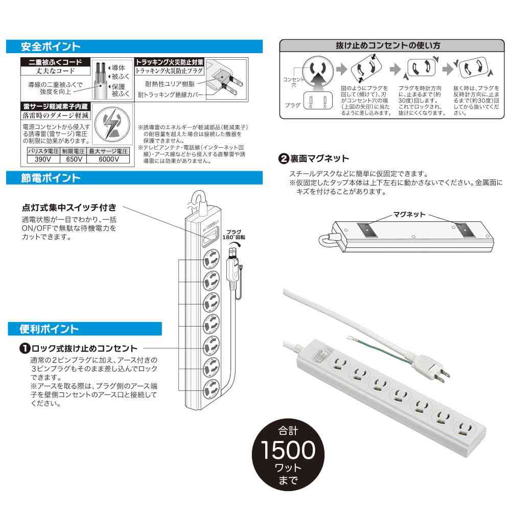 Ohm Electric Anti-Pull OA Tap with Earth 3 Pin Plug Compatible Lightning Guard 7 Outlet 3m HS-TKL733PB3-W