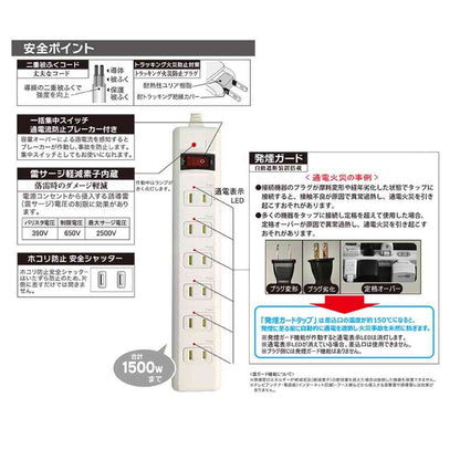 Ohm Electric Smoke Guard Switch Tap 6-Outlet 1m HS-T61HJ3-W