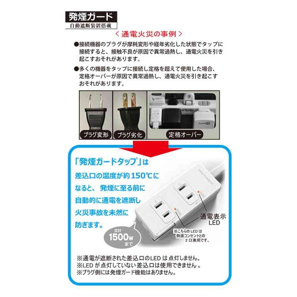 Ohm Electric Smoke Guard Safety Tap 3-Outlet 2m HS-T32HG3-W