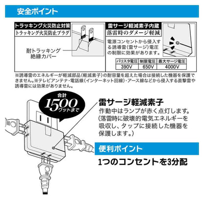 Ohm Electric Lightning Resistant Corner Tap 3 Outlet HS-AKS3PBT-K