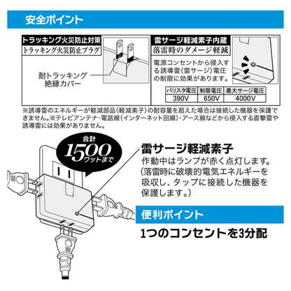 Ohm Electric Lightning Resistant Corner Tap 3 Outlet HS-AKS3PBT-W